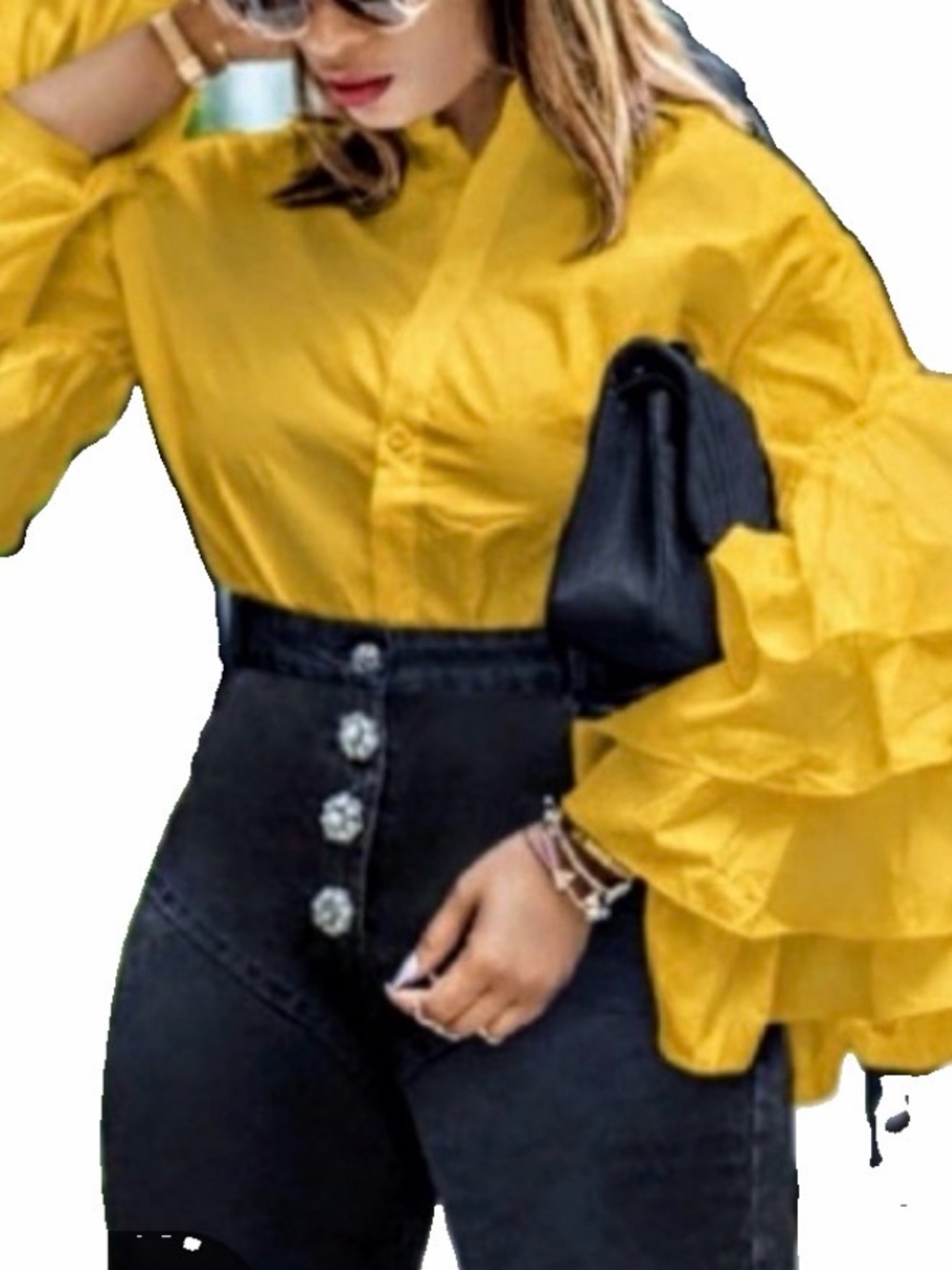 NY & Co size small Yellow Ruffle-Sleeve Button-Front Women's Top - Picture 7 of 10